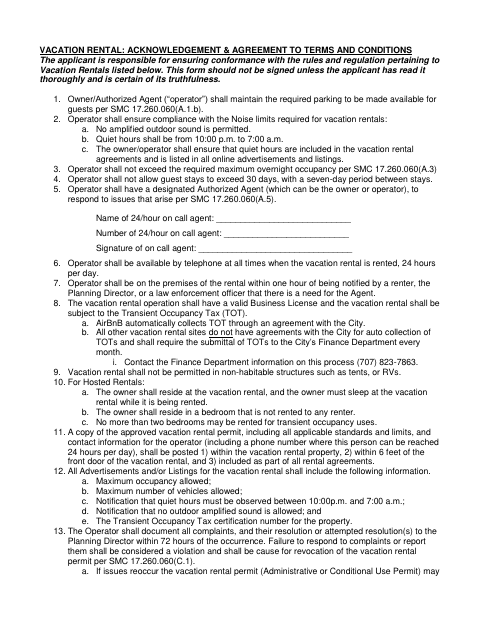 First page of the Vacation Rental Acknowledgement and Agreement to Terms and Conditions