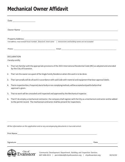 First page of the Mechanical Owner Affidavit