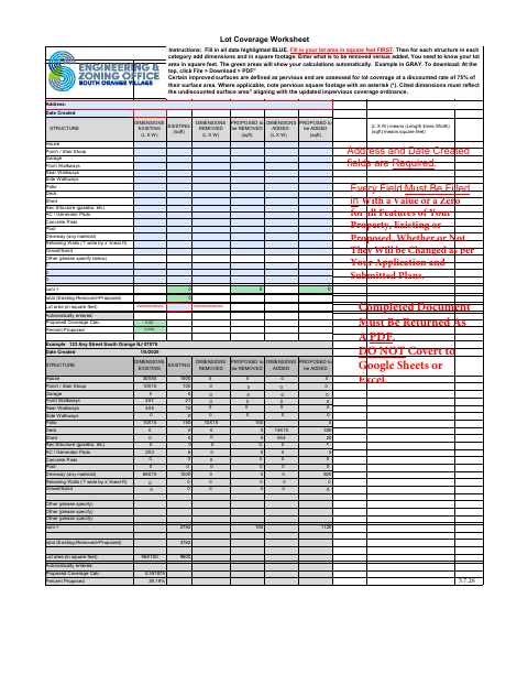 First page of the Lot Coverage Worksheet