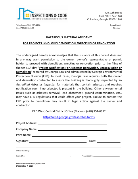 First page of the Hazardous Material Affidavit