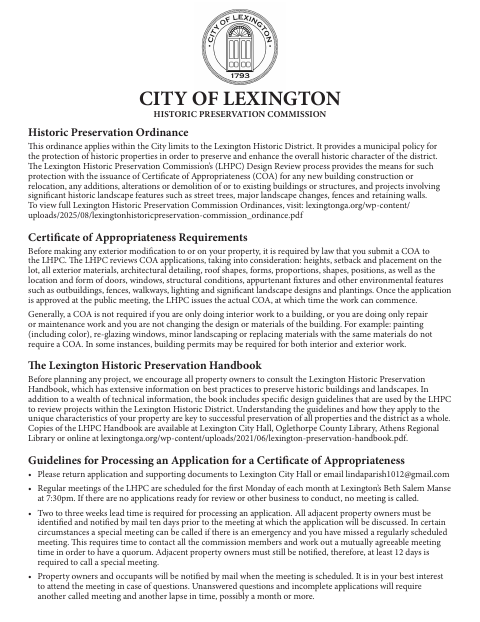 First page of the Certificate of Appropriateness Application