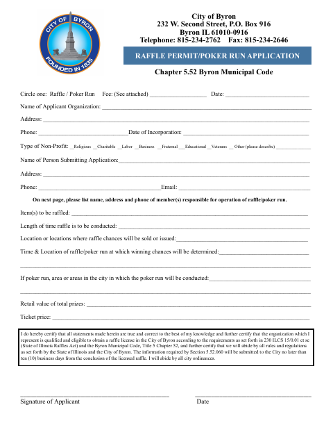 First page of the Raffle Permit/Poker Run Application