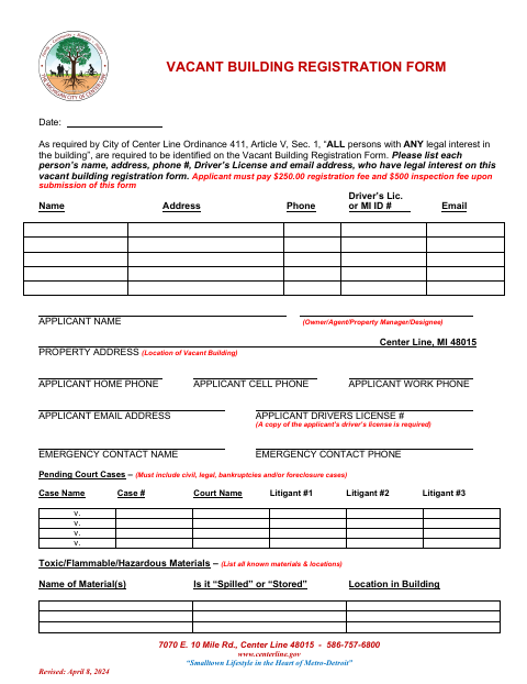First page of the Vacant Building Registration Form