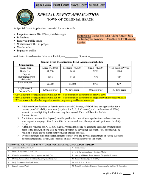 First page of the Special Event Application