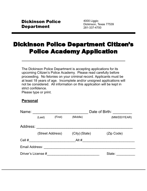 First page of the Citizen’s Police Academy Application