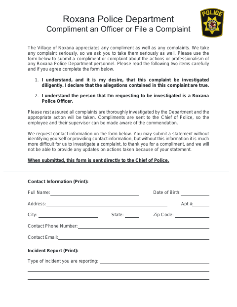 First page of the Compliment an Officer or File a Complaint