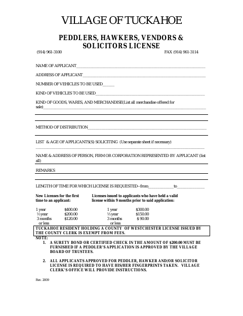 First page of the Peddlers, Hawkers, Vendors & Solicitors License