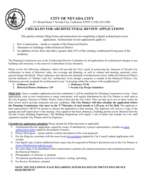 First page of the Checklist for Architectural Review Applications