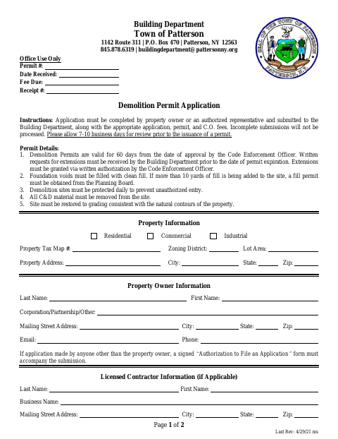 First page of the Demolition Permit Application