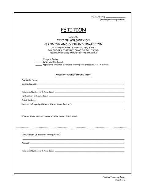 First page of the Planning and Zoning Petition