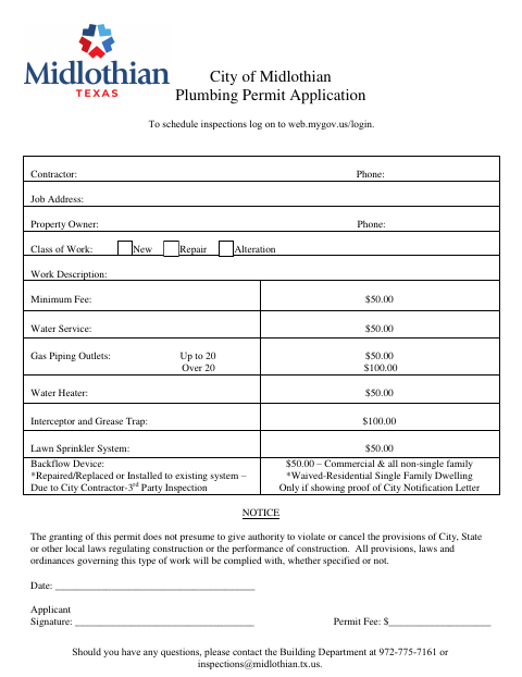 First page of the Plumbing Permit Application