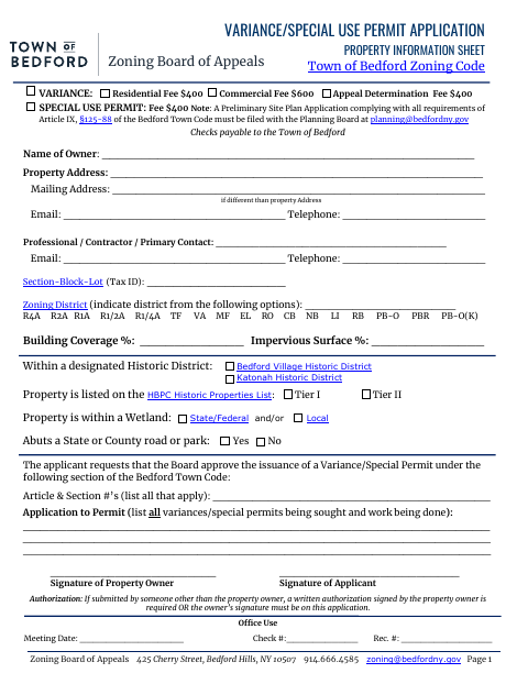 First page of the Variance/Special Use Permit Application Property Information Sheet