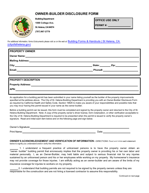 First page of the Owner-Builder Disclosure Form