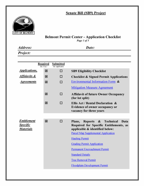 First page of the Senate Bill 9 (SB-9) Project Application and Checklist