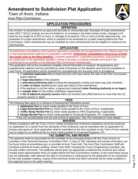 First page of the Amendment to Subdivision Plat Application