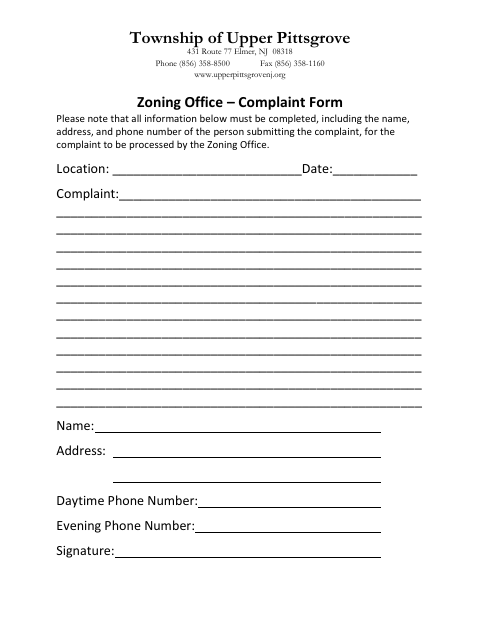 First page of the Zoning Office Complaint Form