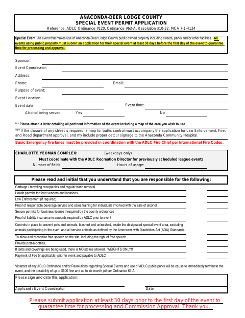 First page of the Special Event Permit Application