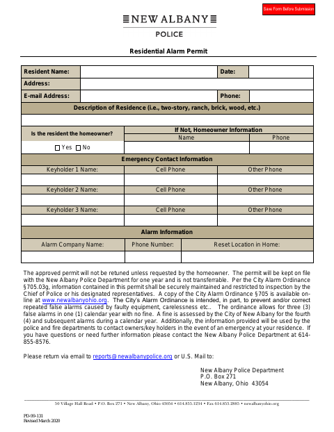 First page of the Residential Alarm Permit