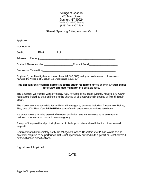 First page of the Street Opening/Excavation Permit