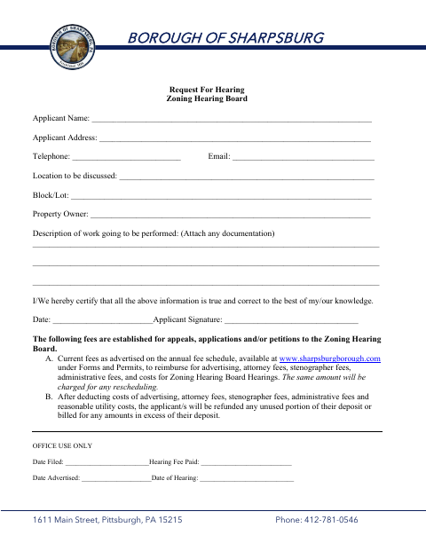 First page of the Zoning Hearing Board Request for Hearing