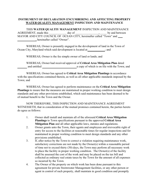 First page of the Water Quality Management Inspection and Maintenance Agreement