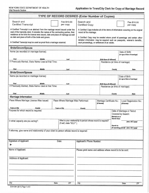 First page of the Application for Copy of Marriage Record