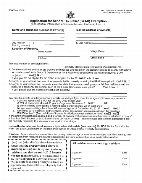 First page of the Application for School Tax Relief (STAR) Exemption