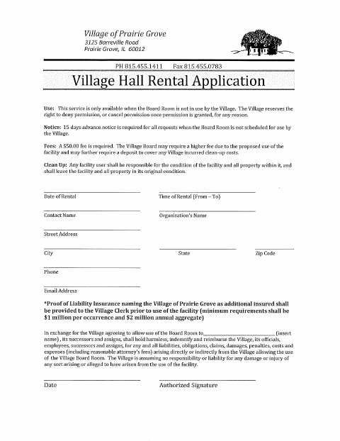 First page of the Village Hall Rental Application