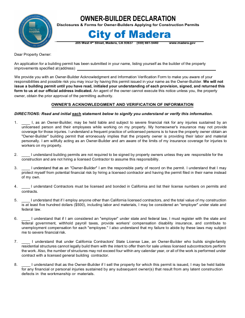First page of the Owner-Builder Disclosure Form