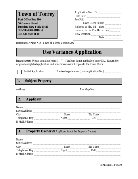 First page of the Use Variance Application