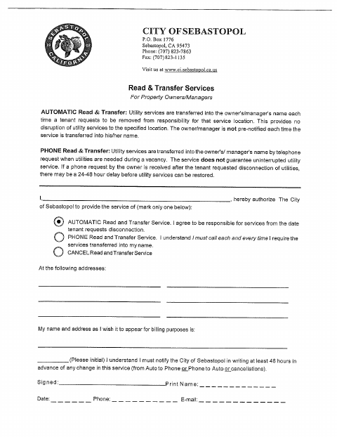 First page of the Read and Transfer Services for Property Owners and Managers