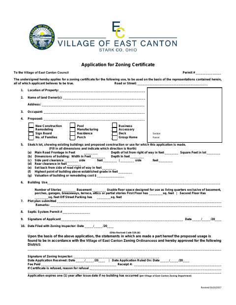 First page of the Application for Zoning Certificate