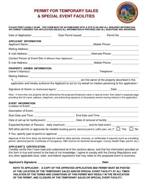 First page of the Permit for Temporary Sales & Special Event Facilities