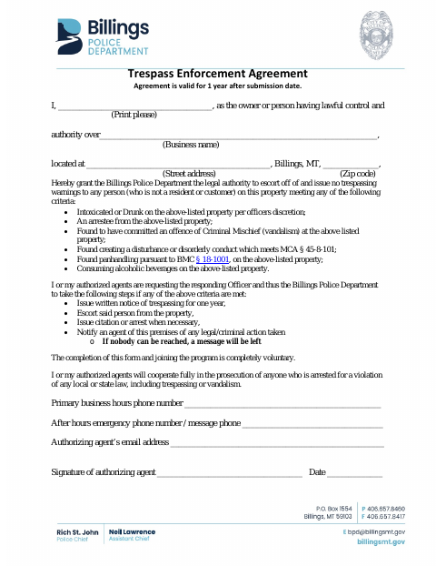 First page of the Trespass Enforcement Agreement