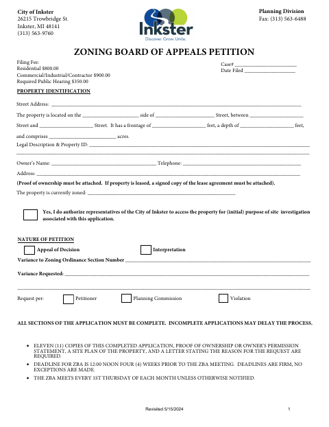 First page of the Zoning Board of Appeals Petition