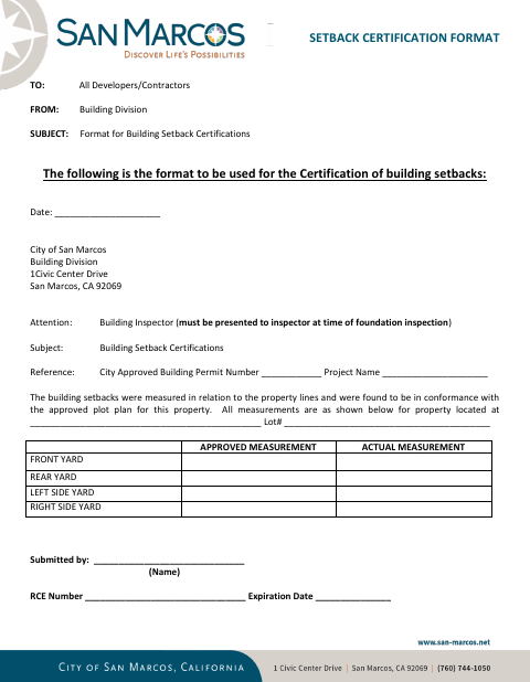 First page of the Setback Certification Format