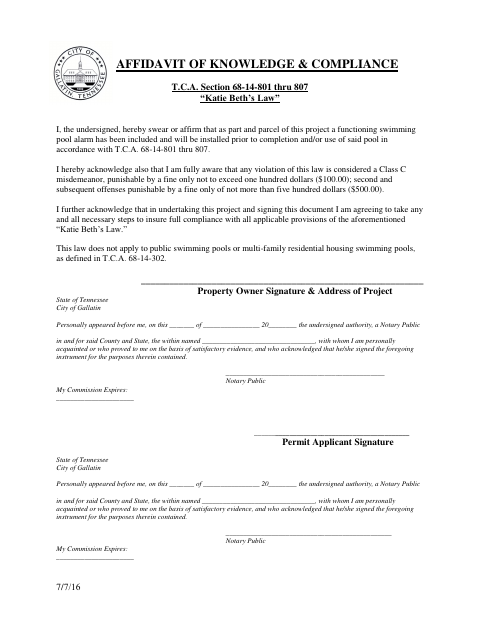 First page of the Katie Beth’s Law Pool Alarm Affidavit