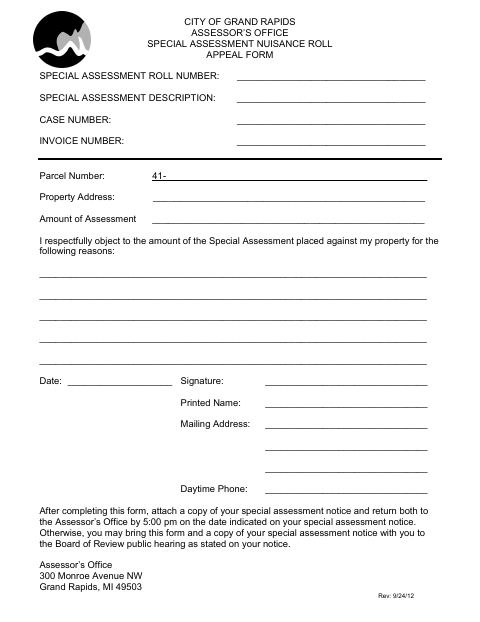 First page of the Special Assessment Nuisance Roll Appeal Form
