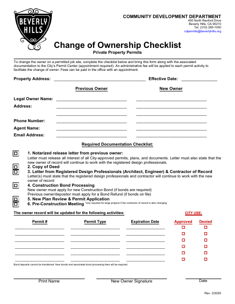 First page of the Change of Ownership Checklist