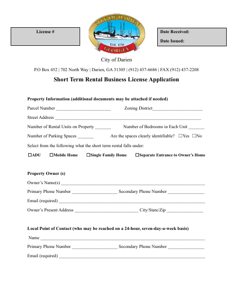 First page of the Short Term Rental Business License Application