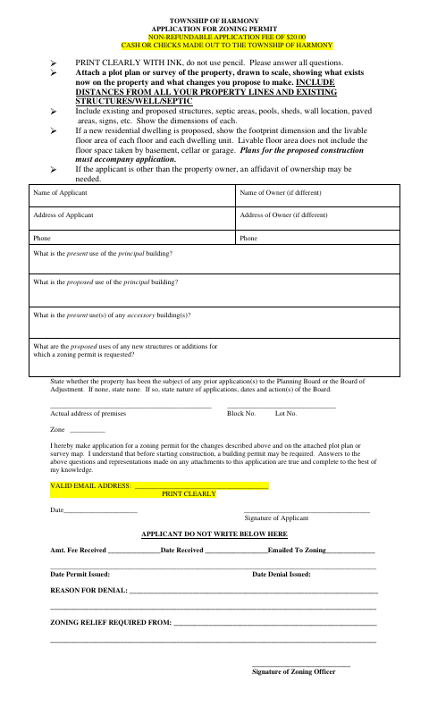 First page of the Application for Zoning Permit