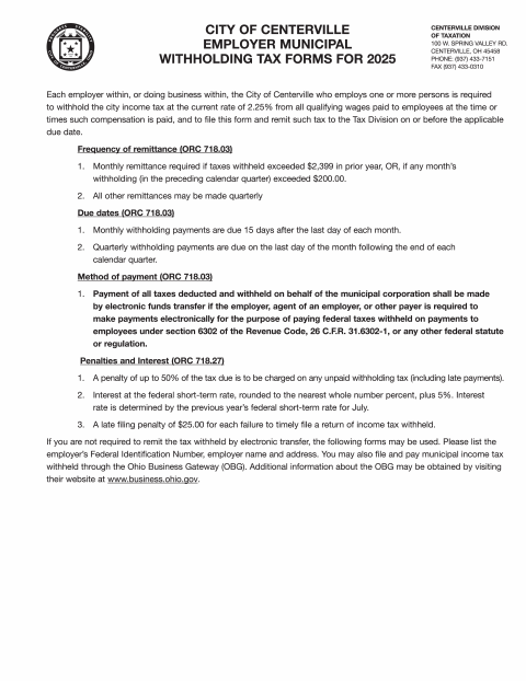 First page of the 2025 Monthly Withholding Tax Booklet