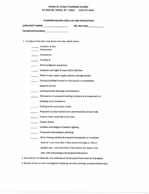 First page of the Planning Board Checklist and Application