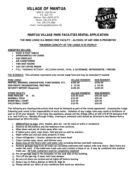 First page of the Mantua Village Park Facilities Rental Application