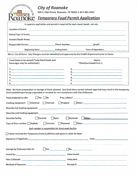 First page of the Temporary Food Permit Application