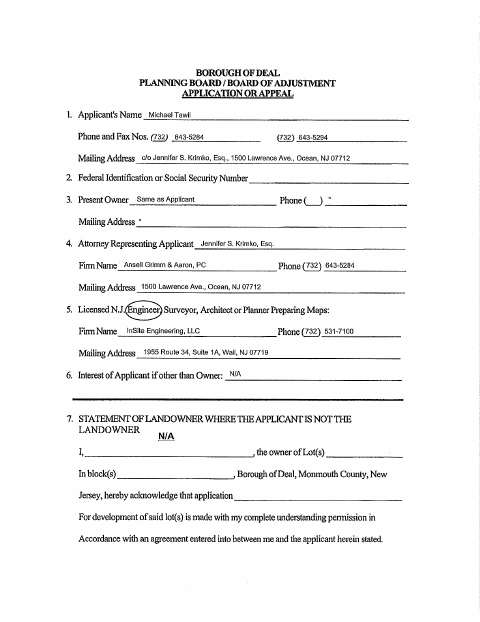 First page of the Planning Board / Board of Adjustment Application or Appeal