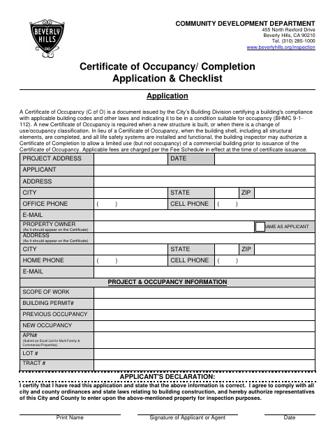 First page of the Certificate of Occupancy or Completion Application and Checklist
