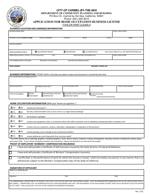 First page of the Application for Home Occupation Business License