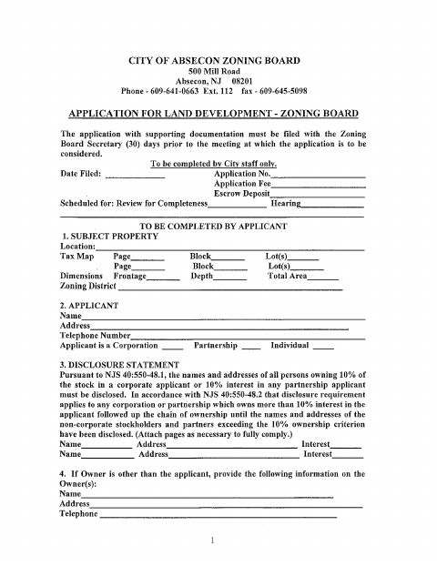 First page of the Land Development Application