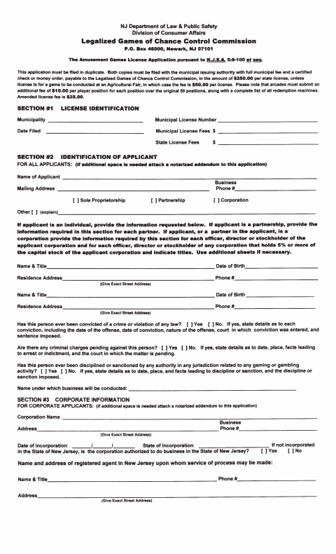 First page of the Amusement Games License Application